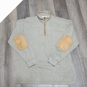 Orvis Sweater Mens Medium Olive Green 1/4 Zip‎ Vintage Leather Elbow Patches Vtg